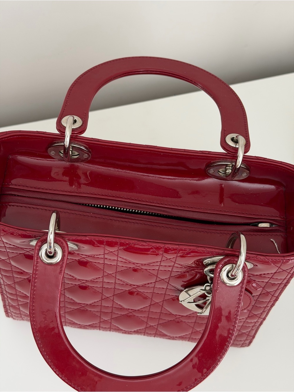 Lady Dior Red Patent Top-Handle Satchel with Silver Charm - Picture 8 of 8